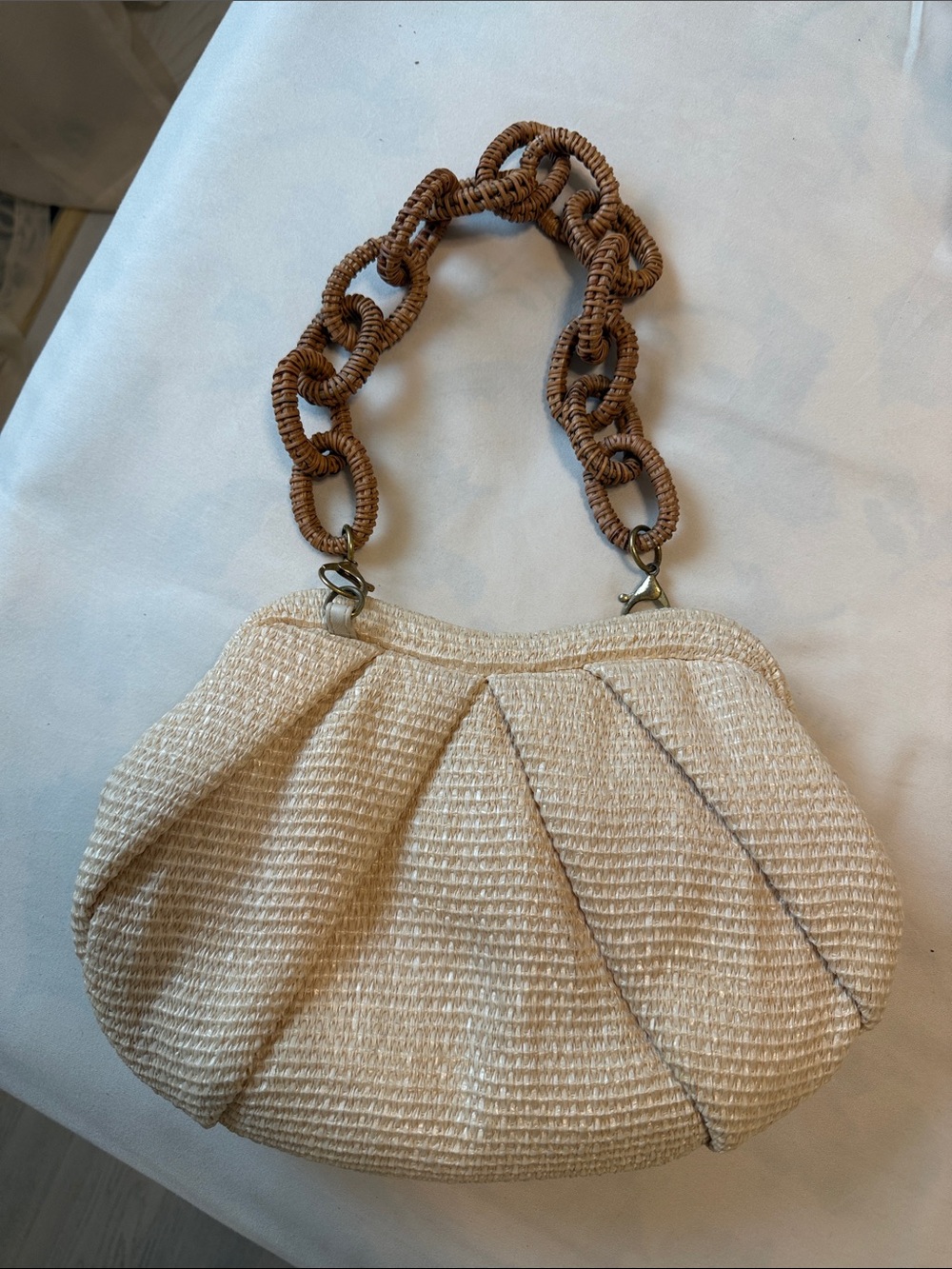 Zara Cream Woven Shoulder Bag with Brown Chain-Link Handle